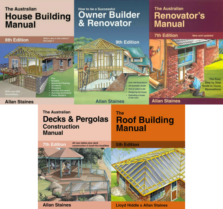 Image for 5 Book Set: The Australian House Building Manual 8th Edition + How to be a Successful Owner Builder and Renovator 9th Edition + The Australian Renovator's Manual 7th Edition + The Australian Decks and Pergolas Construction Manual 7th Edition + The Roof Building Manual 5th Edition