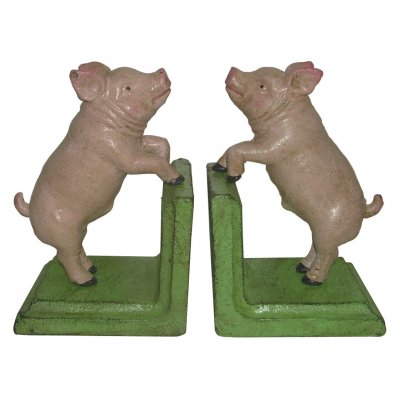 Image for Hand Painted Cast Iron Piggy Pig Bookends - Green Base