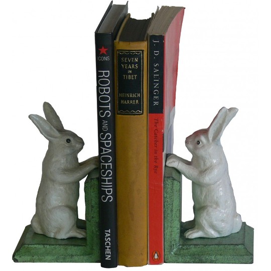 Image for Hand Painted Cast Iron Bunny Rabbit Bookends - Green Base