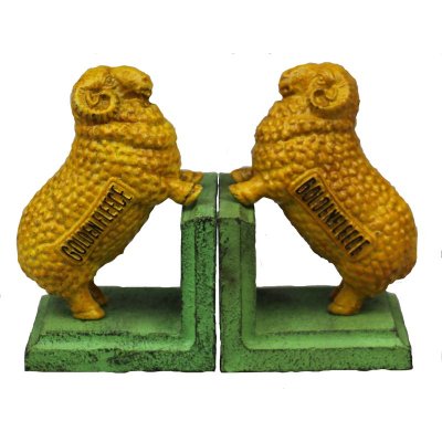 Image for Hand Painted Cast Iron Golden Fleece Sheep Bookends - Green Base